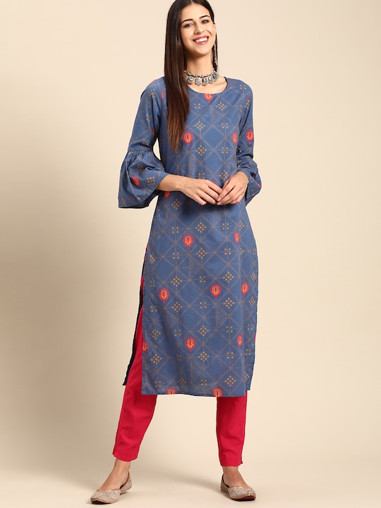 Anouk Women Ethnic Motifs Printed Pure Cotton Bell Sleeves Straight Kurta