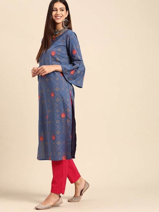 Anouk Women Ethnic Motifs Printed Pure Cotton Bell Sleeves Straight Kurta