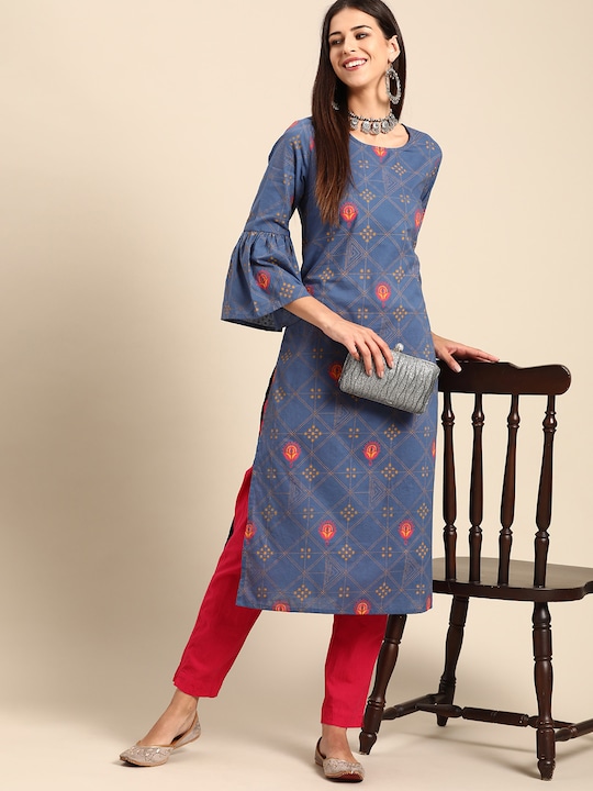 Anouk Women Ethnic Motifs Printed Pure Cotton Bell Sleeves Straight Kurta