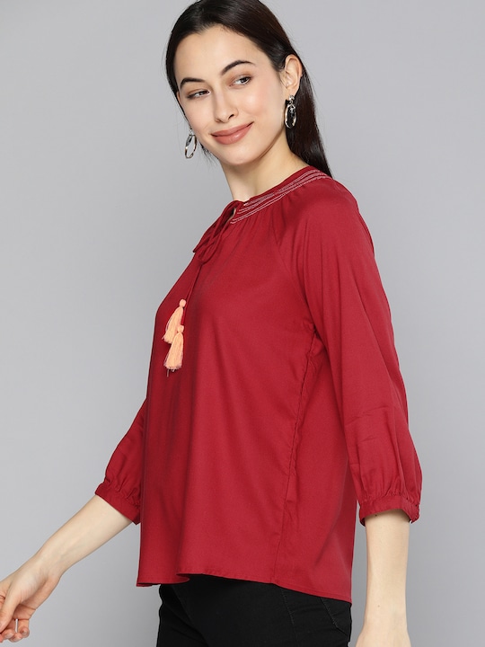 Chemistry Tie-Up Neck Puff Sleeves Regular Top