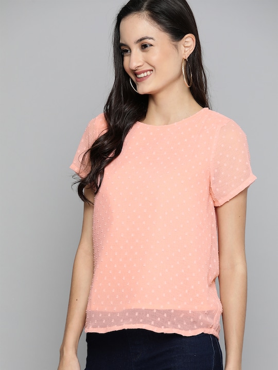 HERE&NOW Women Peach-Coloured Self Design Top