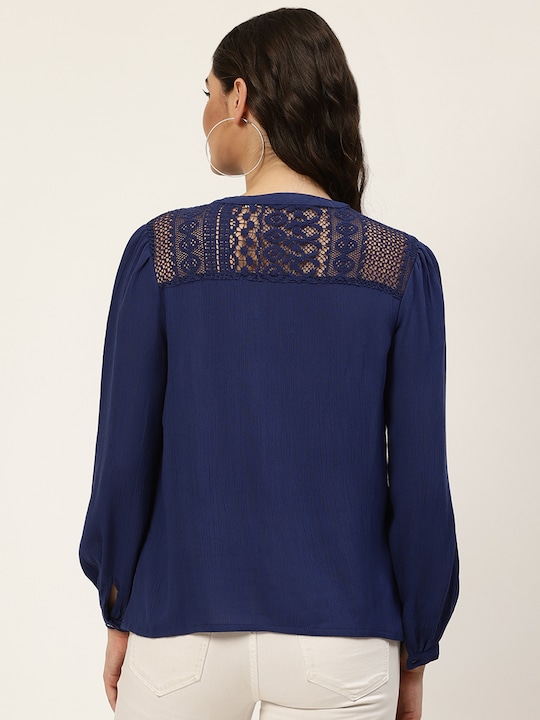 all about you Navy Blue Tie-Up Neck Regular Top