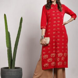 Sangria Women Printed Band Collar Straight Kurta