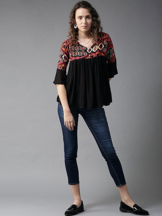 HERE&NOW Women Printed Top With Bell Sleeves