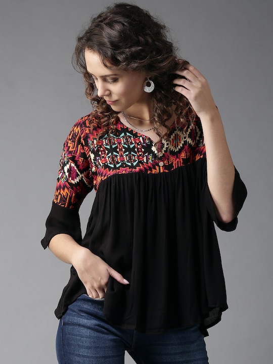 HERE&NOW Women Printed Top With Bell Sleeves