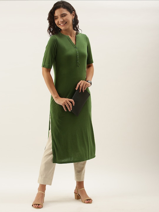 Anouk Women Olive Green Solid Knitted Kurta