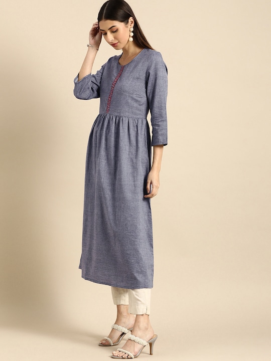 Anouk Women Grey Thread Work A-Line Kurta