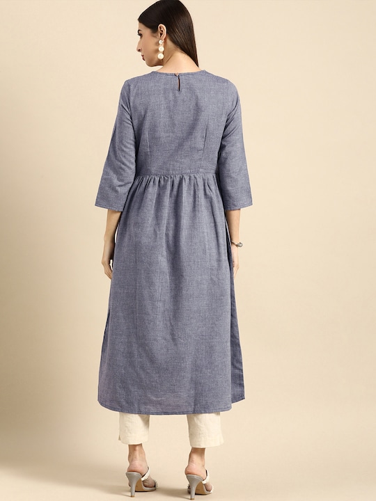 Anouk Women Grey Thread Work A-Line Kurta