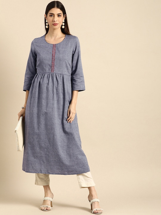 Anouk Women Grey Thread Work A-Line Kurta