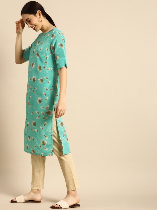 Anouk Women Sea Green Floral Printed Kurta