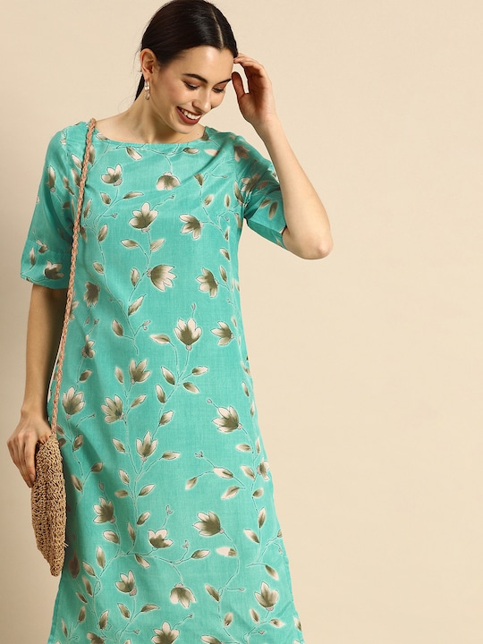 Anouk Women Sea Green Floral Printed Kurta