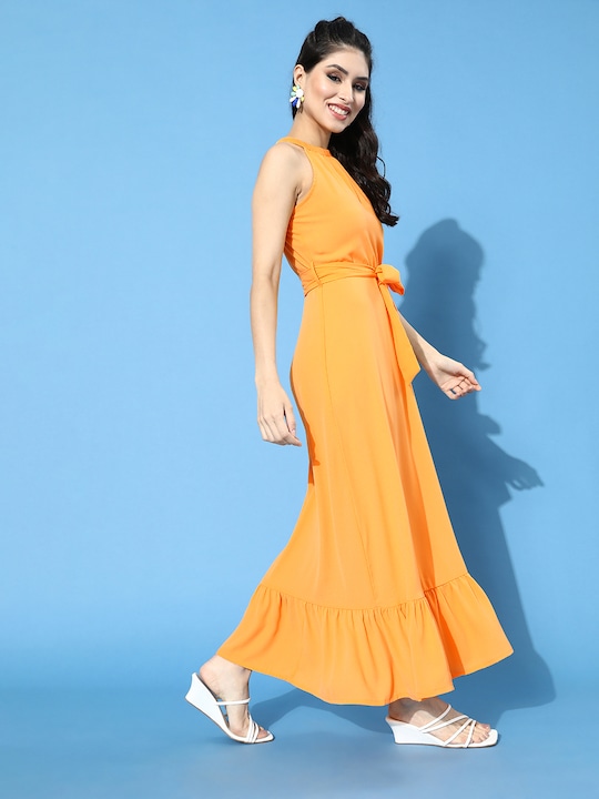 DressBerry Women Orange Solid Maxi Dress