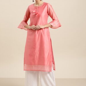 Sangria Women Keyhole Neck Bell Sleeves Solid Kurta