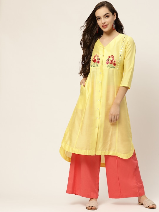 Sangria Women Floral Yoke Design Panelled A-Line Kurta