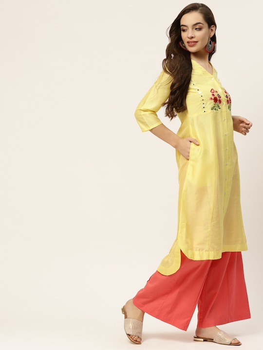 Sangria Women Floral Yoke Design Panelled A-Line Kurta