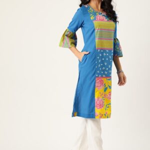 Sangria Women Floral Print Pure Cotton Bell Sleeves Straight Kurta