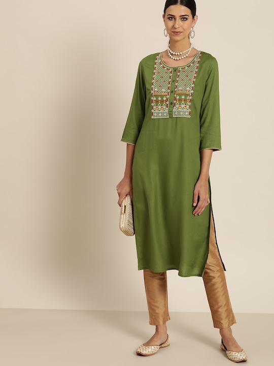 all about you Women Embroidered Straight Kurta