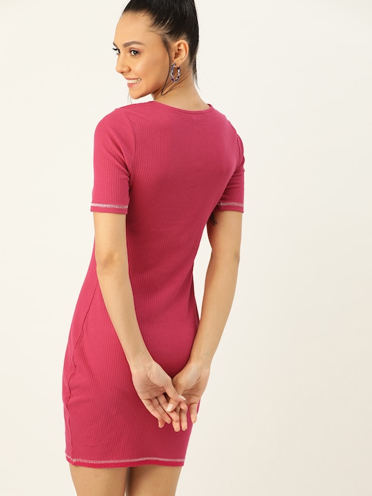 DressBerry Women Fuchsia Self-Striped Sheath Dress