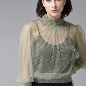 Roadster Women Green Self Design Sheer Top