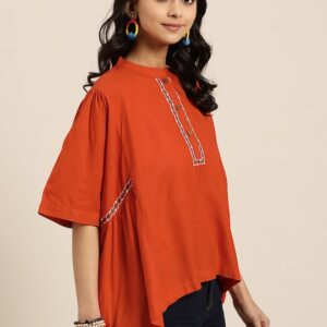 Sangria Rust Orange Solid Mandarin Collar Top