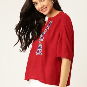 DressBerry Floral Embroidered Mandarin Collar Regular Top