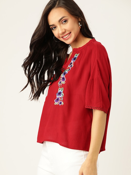 DressBerry Floral Embroidered Mandarin Collar Regular Top