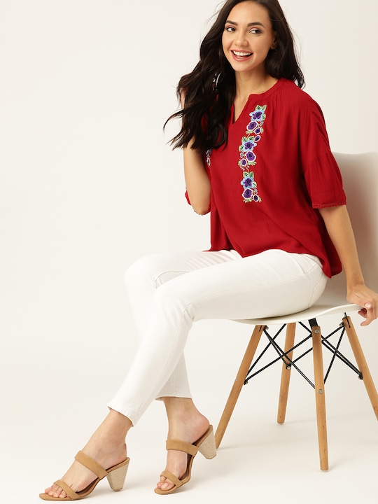 DressBerry Floral Embroidered Mandarin Collar Regular Top