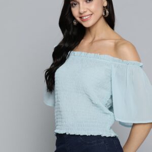 HERE&NOW Solid Off-Shoulder Smocked Bardot Top