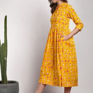 Sangria Yellow Floral Printed Cotton A-Line Dress