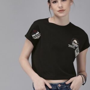 Roadster Women Self Design Round Neck T-shirt