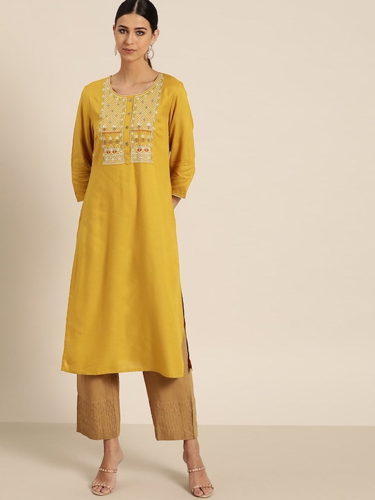 all about you Women Yoke Embroidered Straight Kurta