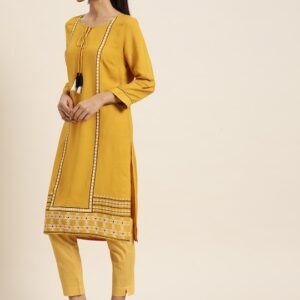 all about you Women Mustard Yellow Solid Straight Kurta