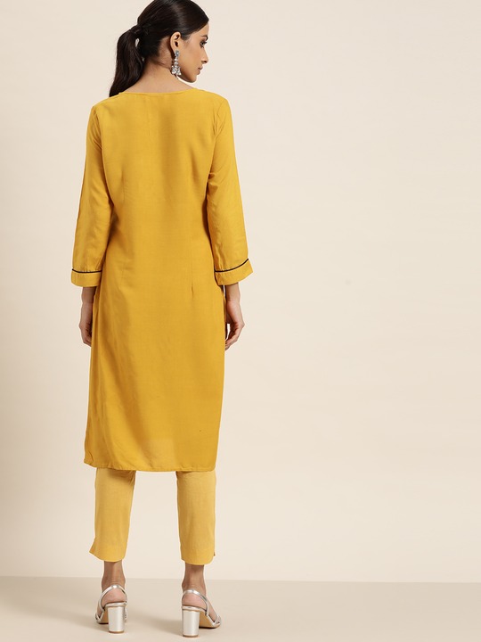 all about you Women Mustard Yellow Solid Straight Kurta