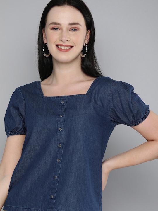 HERE&NOW Puff Sleeve Denim Regular Top