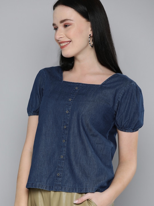 HERE&NOW Puff Sleeve Denim Regular Top