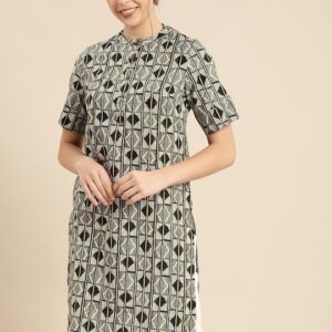 Anouk Women Printed Band Collar Pure Cotton Kurta