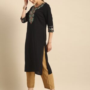 Anouk Women Black Embroidered Pure Cotton Kurta