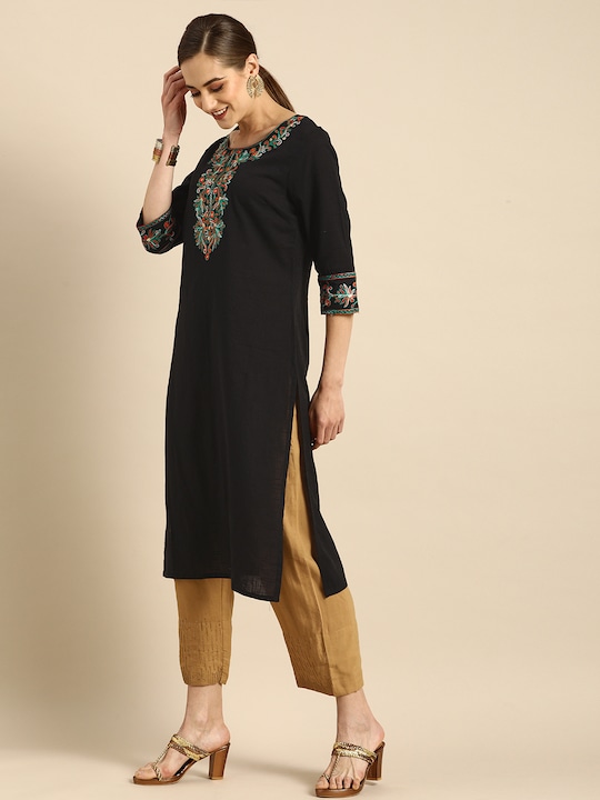 Anouk Women Black Embroidered Pure Cotton Kurta