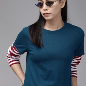 Roadster Women Solid Pure Cotton T-shirt with Doctor Sleeve