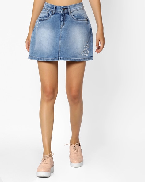 PEPE JEANS Denim Short Skirt with Placement Embroidery