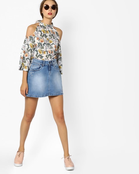 PEPE JEANS Denim Short Skirt with Placement Embroidery