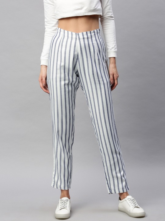 HERE&NOW Women Regular Fit Striped Cropped Regular Trousers