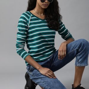 Roadster Women Striped V-Neck Pure Cotton T-shirt