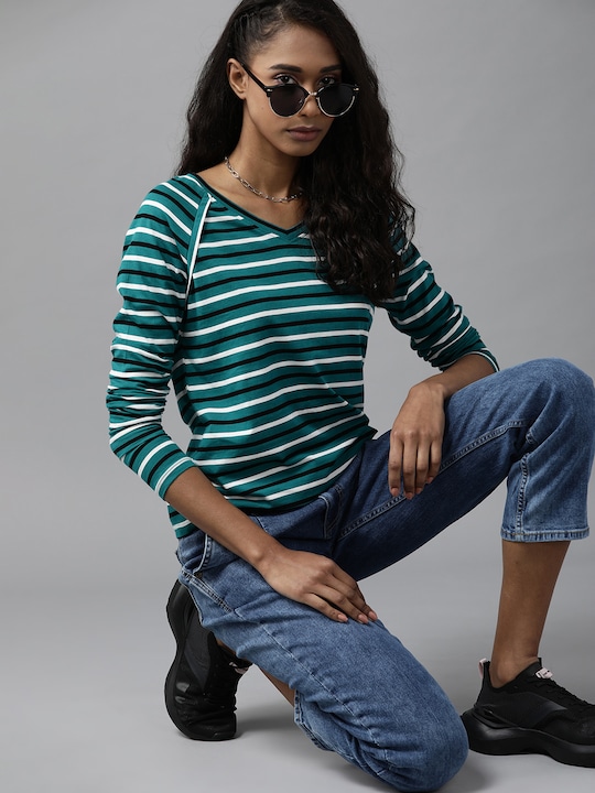 Roadster Women Striped V-Neck Pure Cotton T-shirt