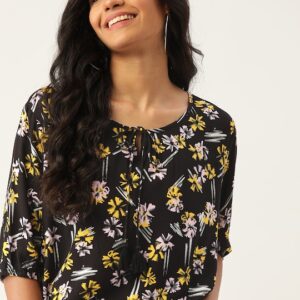 DressBerry Floral Tie-Up Neck Puff Sleeve Blouson Top