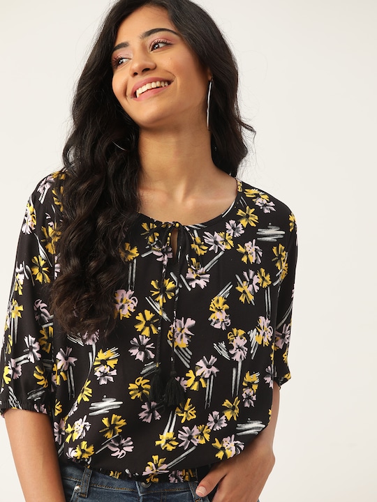 DressBerry Floral Tie-Up Neck Puff Sleeve Blouson Top