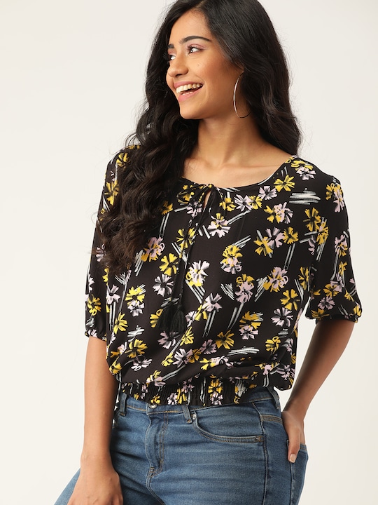 DressBerry Floral Tie-Up Neck Puff Sleeve Blouson Top