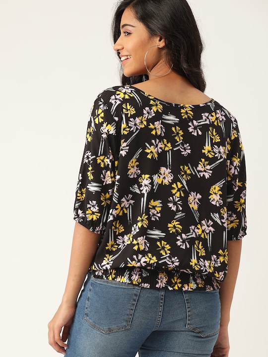 DressBerry Floral Tie-Up Neck Puff Sleeve Blouson Top