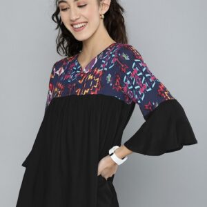 HERE&NOW Abstract Printed Bell Sleeves A-Line Top