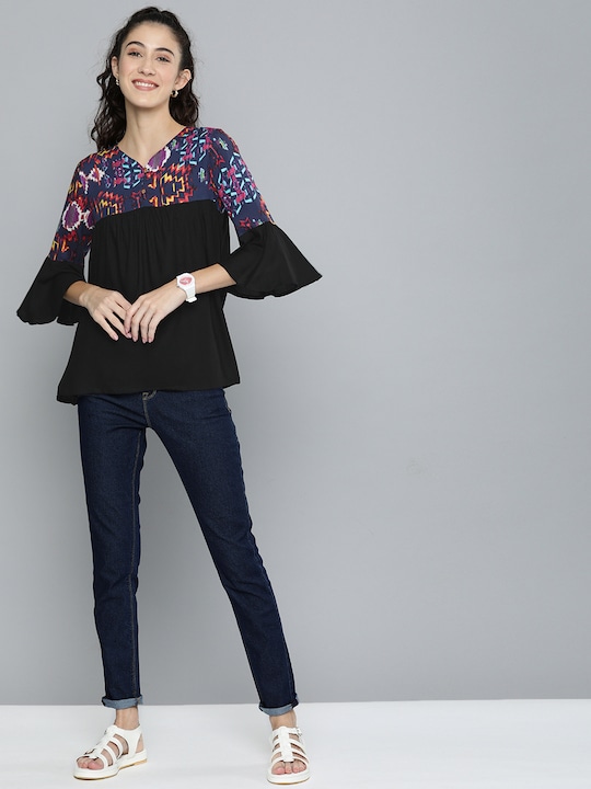 HERE&NOW Abstract Printed Bell Sleeves A-Line Top